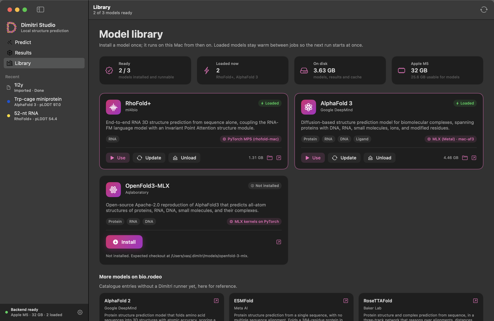 Library screen listing installed models