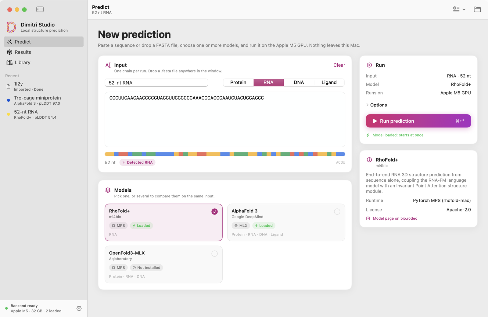 Predict screen with a sequence and model picker