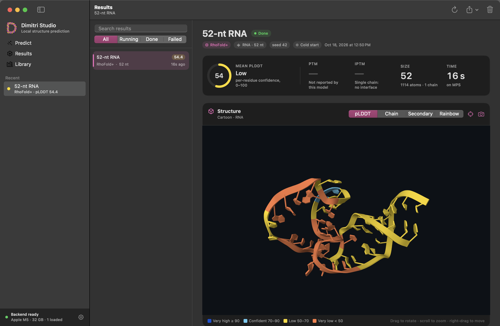 Results screen: a RhoFold+ prediction coloured by pLDDT